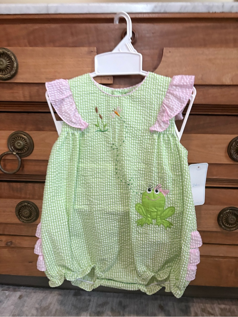 Petit Ami Green and Pink Frog Seersucker One-Piece